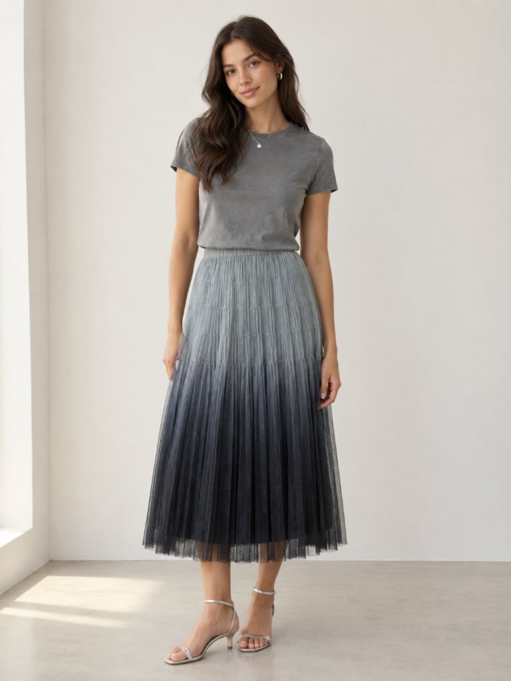 Pleated Ombre Midi Skirt Blue Navy Gradient Elastic Waist O/S 0542
